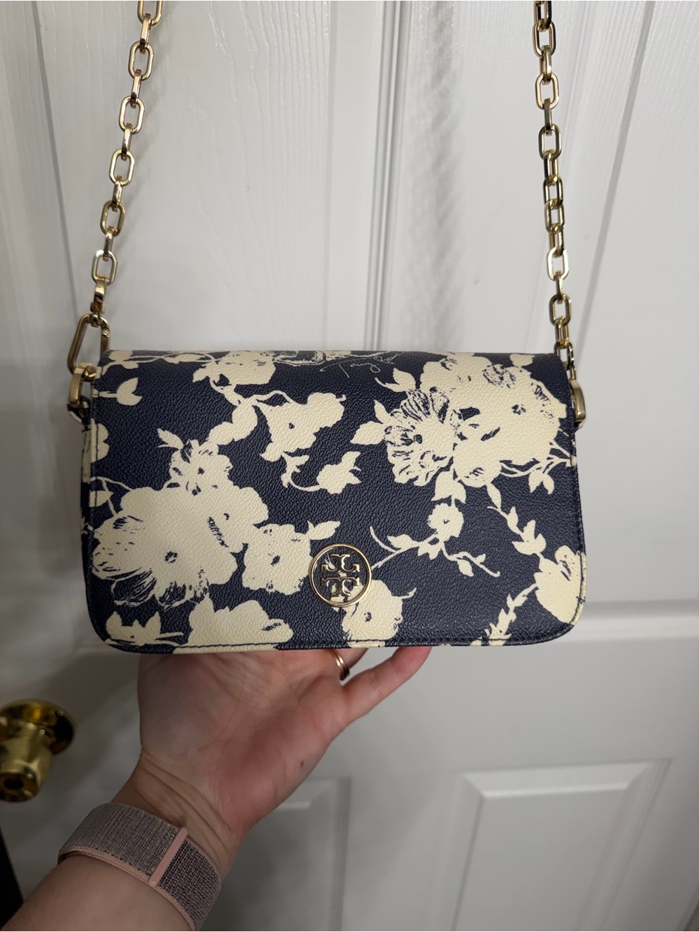 Tory Burch Navy Floral Chain Shoulder Bag